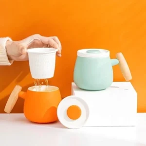13.5oz ceramic tea mug with infuser and wooden handle side view