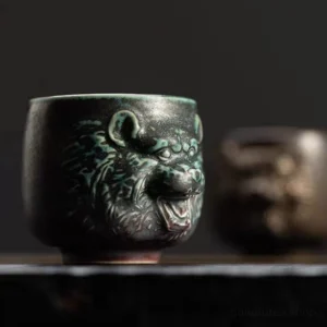 hand-carved 3D tiger chinese tea cup vintage ceramic