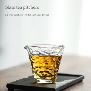 full view of 6.4oz rock-textured heat-resistant glass gong dao bei chinese fairness tea pitcher