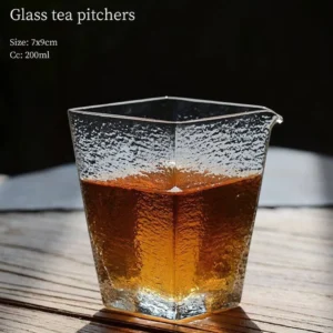 main view 6.8oz square frosted hammered glass gong dao bei handcrafted tea pitcher