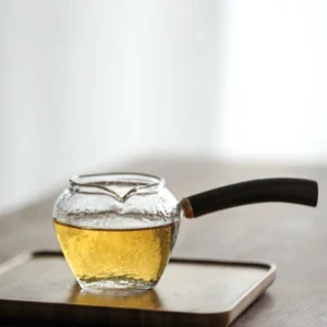 8.8oz hammered glass gong dao bei with dark wooden handle, chinese tea fairness pitcher