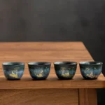 ABCD style hand-painted gradient blue-green Chinese ceramic tea cup 1.7oz