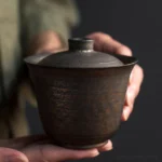full view of antique bronze ceramic handcrafted chinese gaiwan