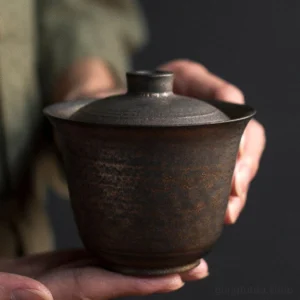full view of antique bronze ceramic handcrafted chinese gaiwan