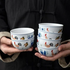 antique style chinese porcelain chicken chawan tea cups set of 6 full view