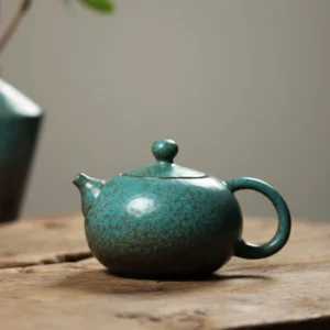 Full view of antique style green crackle glaze chinese teapot 8.5oz