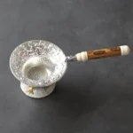 antique style tin bamboo tea strainer with base full product view