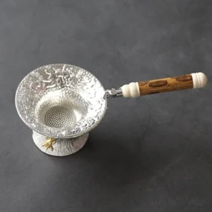 antique style tin bamboo tea strainer with base full product view