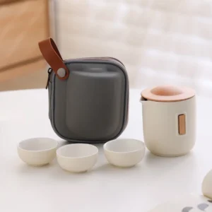 beige portable travel kung fu ceramic tea set 8.1oz with teapot 3 cups and travel bag
