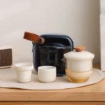 beige portable travel kung fu ceramic tea set with carry bag 7.4oz