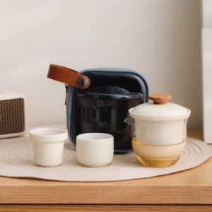 beige portable travel kung fu ceramic tea set with carry bag 7.4oz