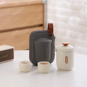 beige portable handcrafted travel kung fu tea set 10.1oz with teapot two cups and travel bag