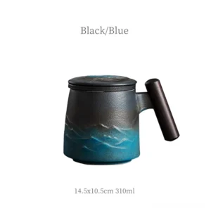 black and blue gradient ceramic tea mug with infuser and lid mountain cloud relief