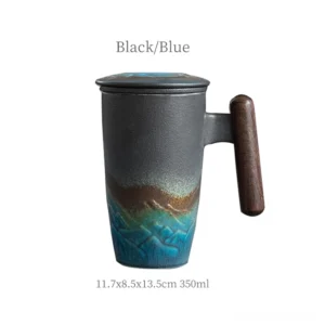 black blue gradient ceramic tea mug with infuser and lid mountain cloud relief
