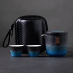 black blue gradient ceramic travel tea set 6.8oz with teapot two cups and carrying bag