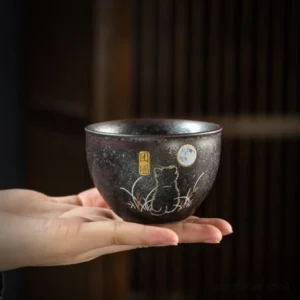 hand-painted black ceramic cat design chawan tea cup