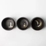 full set of hand-painted black ceramic chawan tea cups with zen designs