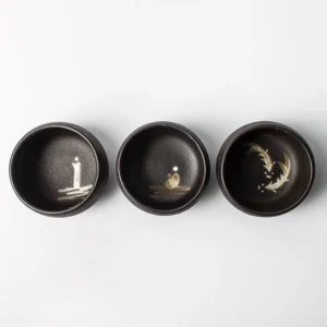 full set of hand-painted black ceramic chawan tea cups with zen designs