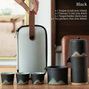 black ceramic portable travel gongfu tea set with landscape ink pattern full view with carry bag