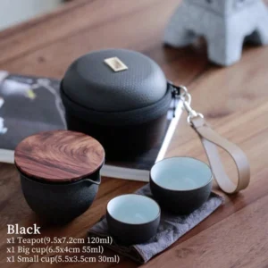 black matte ceramic portable travel tea set with natural wood lid and carrying bag
