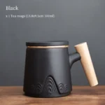 black ceramic tea mug with infuser mountain relief wooden handle