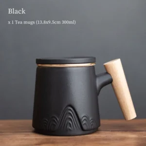 black ceramic tea mug with infuser mountain relief wooden handle