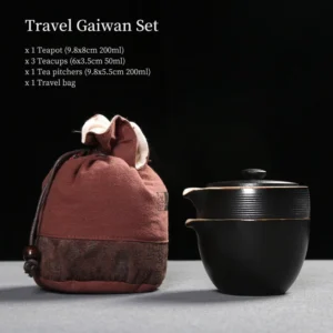 full unboxed view of black ceramic portable travel gaiwan tea set with cotton bag