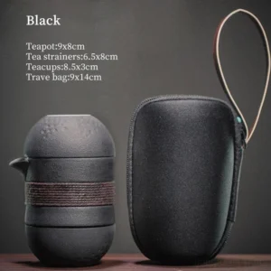 black ceramic portable travel kung fu tea set fully assembled with carrying case