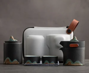 black color 7.8oz portable chinese kung fu travel tea set mountain design full view