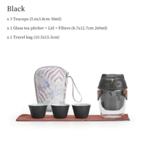 black cute cat lid portable travel gongfu tea set with glass pitcher and 3 ceramic cups