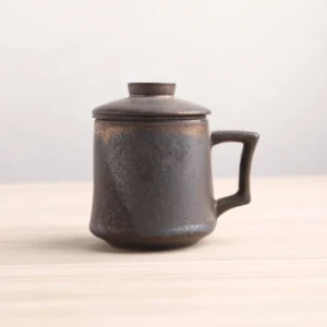 black gold handcrafted ceramic tea infuser mug with lid full view