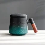 black green gradient ceramic tea mug with lid strainer and solid wood handle