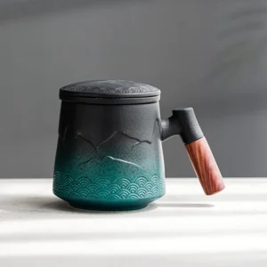 black green gradient ceramic tea mug with lid strainer and solid wood handle