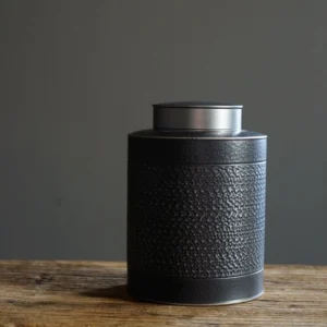 black hammered texture airtight tea canister with silver lid