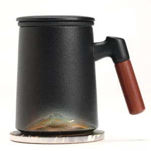 black hand-embossed mountain ceramic tea mug with tea strainer and lid gradient landscape art