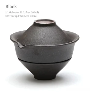 black rough ceramic travel gaiwan tea set with 2 teacups full set view