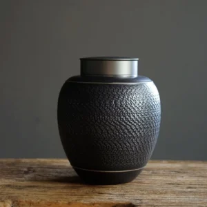 black textured hammered ceramic tea canister with sealed metal lid full product view