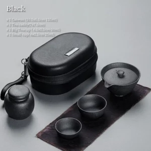 black variant portable ceramic gongfu travel tea set full view with carrying case