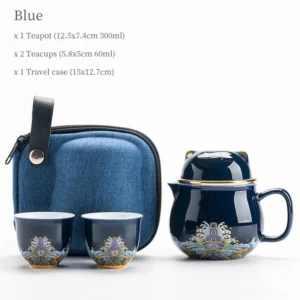 blue ceramic cat lid travel tea set 10.1oz full set with carrying bag