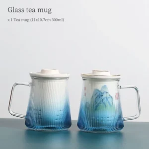 blue gradient glass tea mug with ceramic tea infuser side view