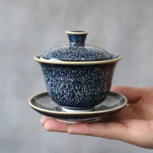handcrafted blue jian zhan gaiwan with unique glaze texture chinese gaiwan tea bowl