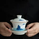 hand-painted blue mountain and cloud chinese gaiwan porcelain tea set full view