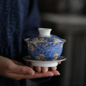 Hand-painted blue wave starry sky ceramic gaiwan lid bowl saucer full view