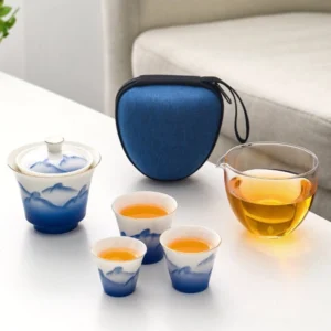 full set of blue white porcelain gaiwan travel tea set with carrying case closed