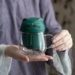 cat glass tea infuser mug main product view with cat lid