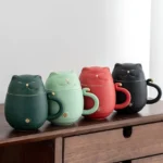 cute cat shaped ceramic tea mug with strainer and lid