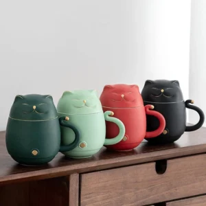 cute cat shaped ceramic tea mug with strainer and lid