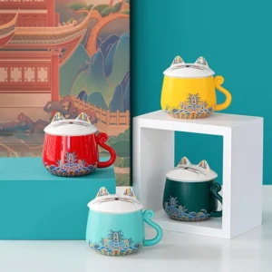 cute cat ceramic tea mug with infuser and lid, chinese style wave pattern main view