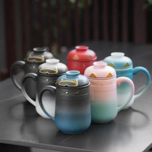 ceramic cat tea mug with infuser and lid 13.5oz