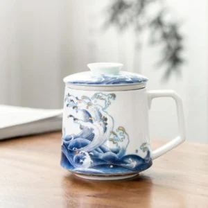 ceramic ocean waves tea mug with strainer and lid full product view